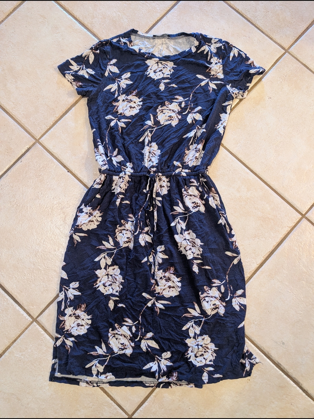 Navy Floral Drawstring Mini Dress